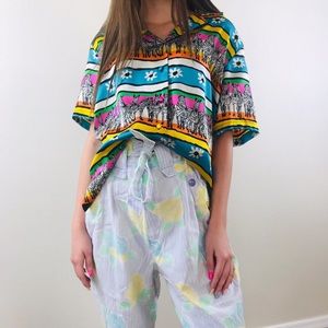 Vintage 80’s Silky Rainbow Zebra Button Up Top